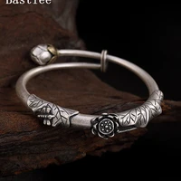 bastiee lotus flower bud 999 silver open bangle bracelet for women vintage hmong handmade jewelry