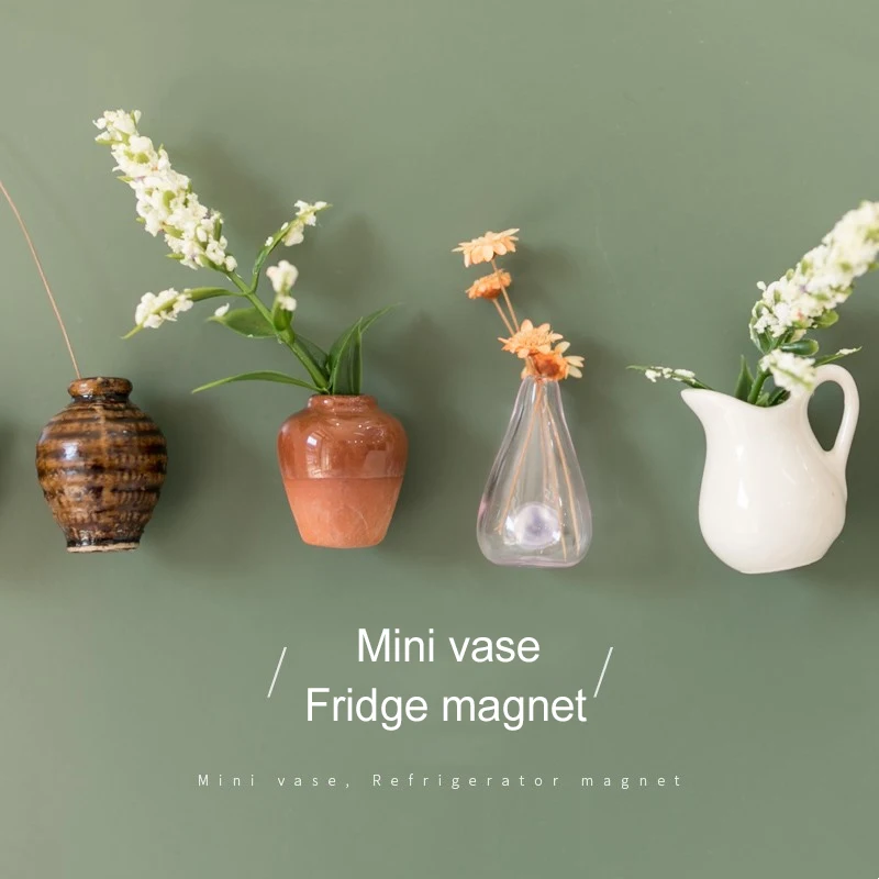 

Mini Ceramics Vase Fridge Magnet DIY Porcelain Vase Refrigerator Magnet Message Sticker flowers Green Plant on Kitchen Gift