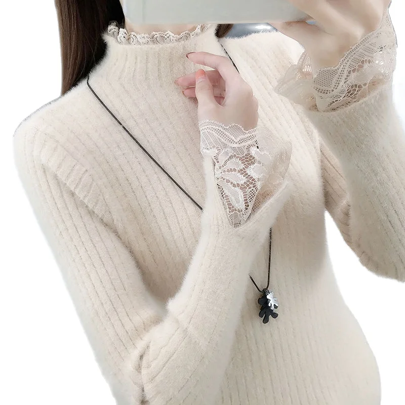 

Mohair Lace Knitting Women Sweater And Pullovers Turtleneck Solid Slim Elastic Office Lady Elegant Pulls Outwear Tops