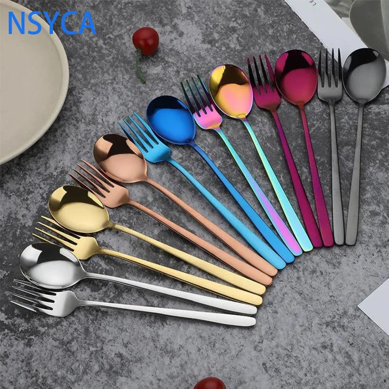

Stainless Steel Spoon Fork Long Handle Cutlery Set Boxed Household Hotel Western Dessert Fork Coffee Spoon Utensils for kitchen