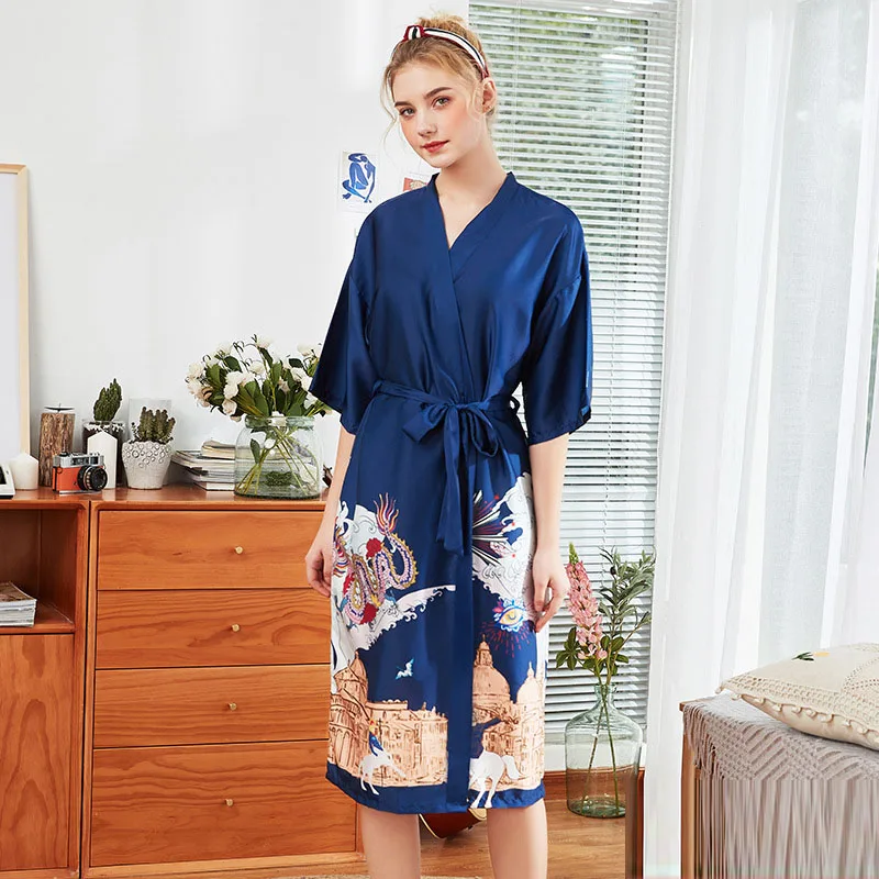 Navy Blue Женское шелковое кимоно, атласный сексуальный халат длиной до колен, халат для невесты с драконом, розовый халат для невесты, свадебная Пижама - Цвет: Navy Blue