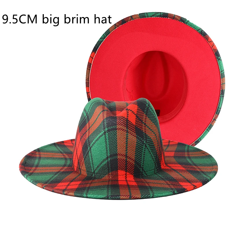 

9.5CM large-brimmed fedora hat unisex color matching red green plaid jazz top hat autumn winter flat-edge wide-brim Panama hat