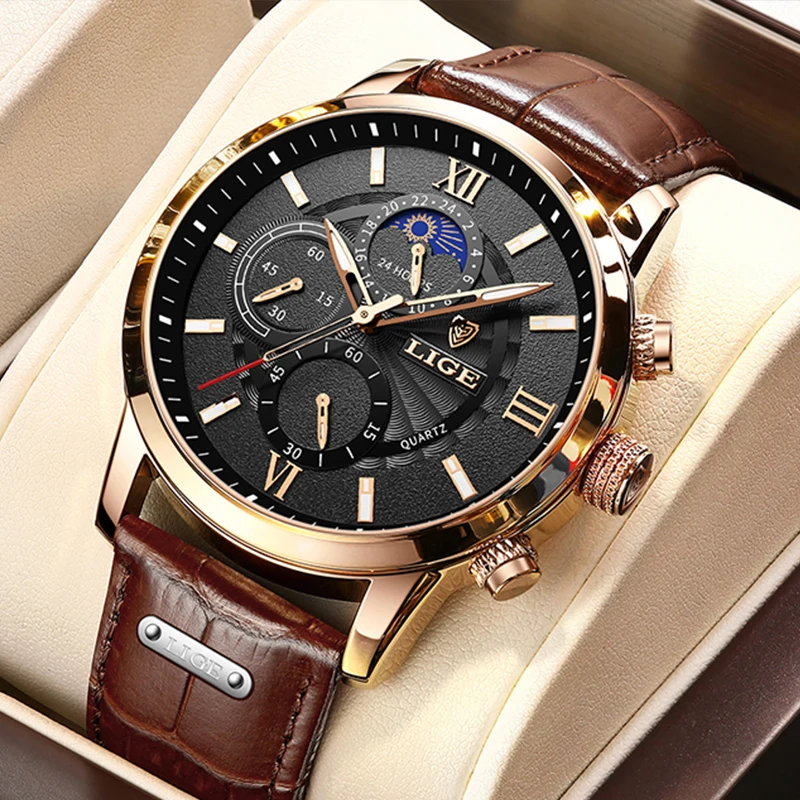 Sports Men Watch 2021 LIGE Top Brand Luxury Casual Leathe Watches For Men Waterproof Quartz Clock 24Hour Moon Phase Reloj Hombre reef tiger rt fashion brand watches men sports waterproof two tone rose gold moon phase big date mechanical watch reloj hombre