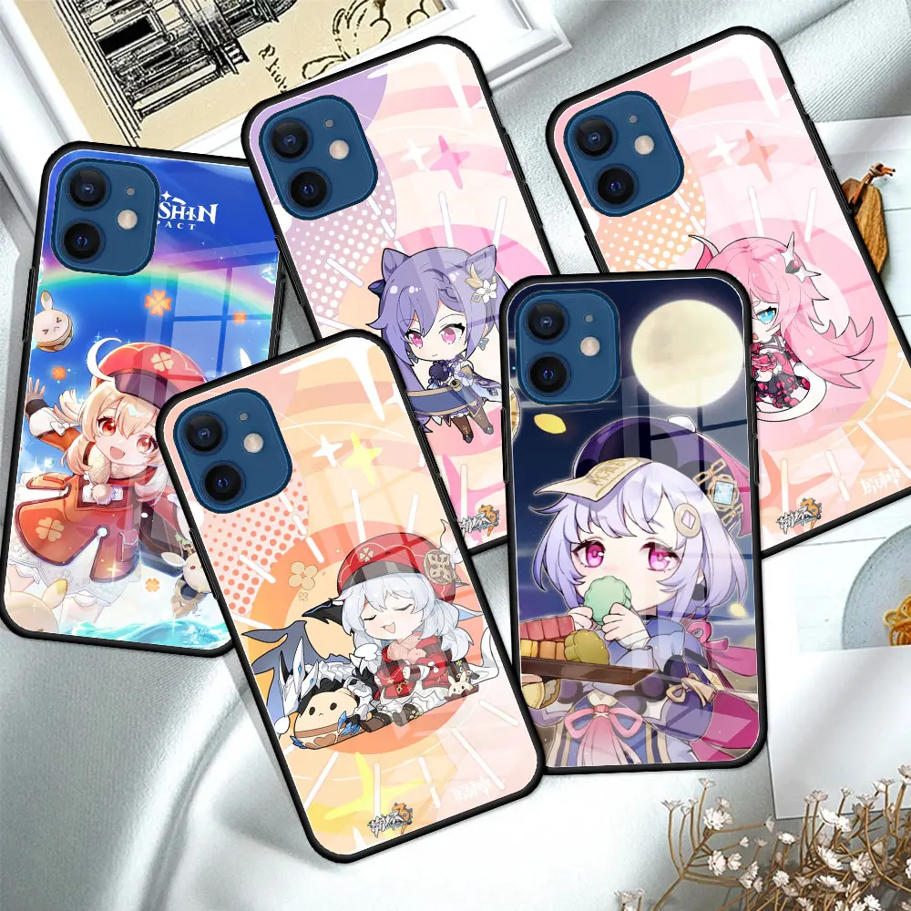 

Glass Case For iPhone 13 Mini 11 12 Pro Max 7 8 + XR X 6 6S Plus XS SE 2020 Soft Edge Phone Covers Genshin Impact