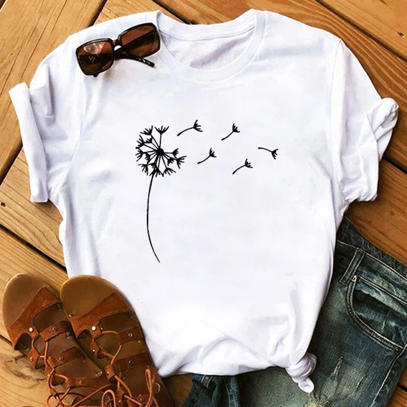 

Wildflower Dandelion Butterfly Printed Women T-shirt O Neck Short Sleeve White Tshirt Casual Summer Female Girl Tee Top