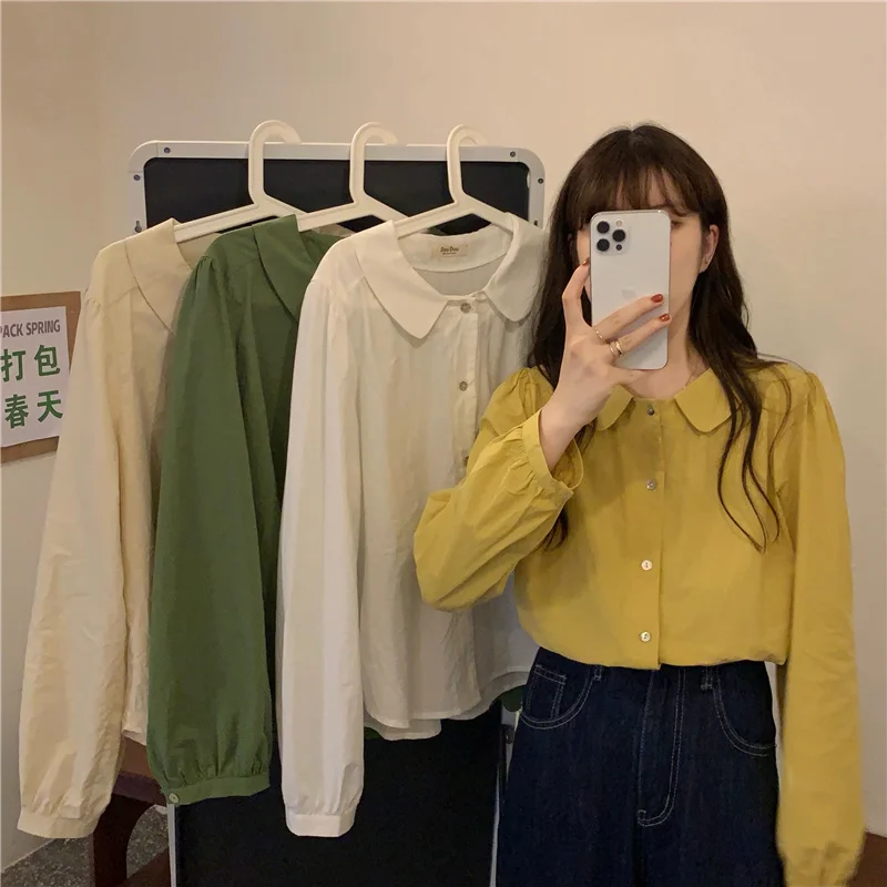 Осень 2021 Белый Топ шикарный дизайн детский воротник рубашка с длинным рукавом