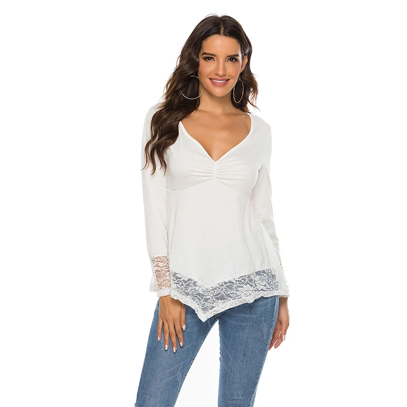 Женские однотонные футболки с длинным рукавом модные кружевные облегающие в