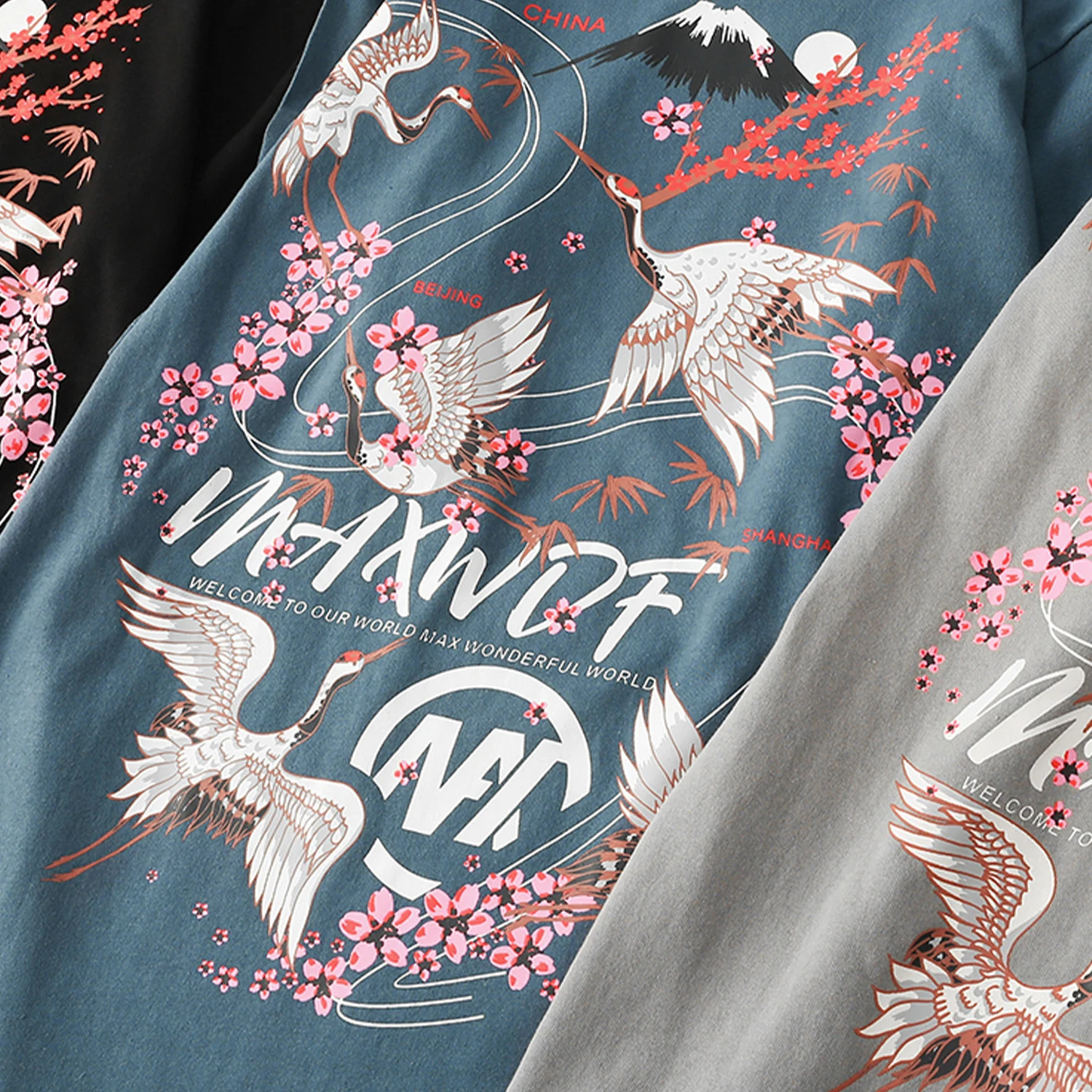 

LACIBLE Harajuku Hip Hop Japanese Cranes Cherry Blossoms Flowers Print Tshirts Mens Summer Casual Streetwear Tees Shirts Tops