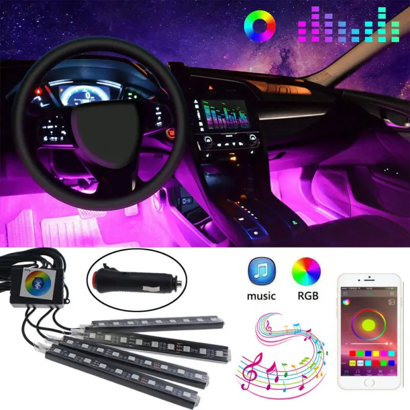 RGB светодиодный светильник полоса для салона автомобиля атмосферная лампа Bluetooth