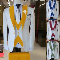 2021 new suit men 3 pieces slim groom wedding suit set fashion designs white business jacket vest royal gold pants dress tuxedo