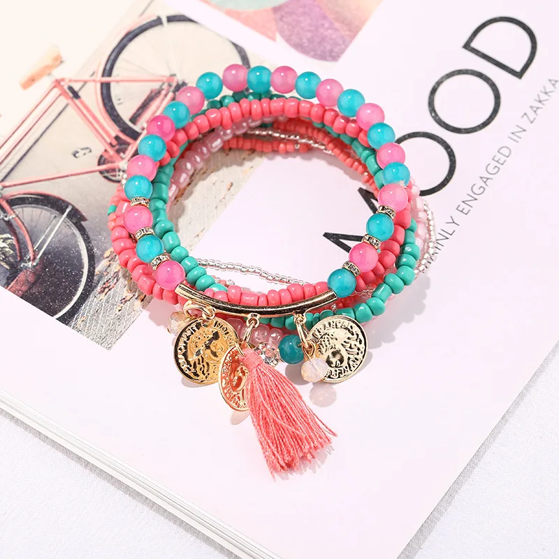 

Women Bohemian Jewelry Multilayer Elastic Set Bracelets Bangles With Tassel Gold Coin Glass Beads Charm Wrap Bracelet Femme Gift