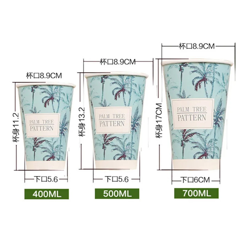 

50pcs High quality 500ml disposable coffee cup thick creative green cold hot drink paper cups party birthday favors cup with lid