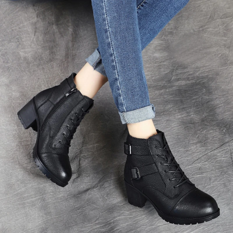 

TIMETANG Winter Genuine Leather Mid Heel Women's Boots Spring Shoes Lace Up Chunky Heel Short Bootie Zipper Buckle Martin Boots