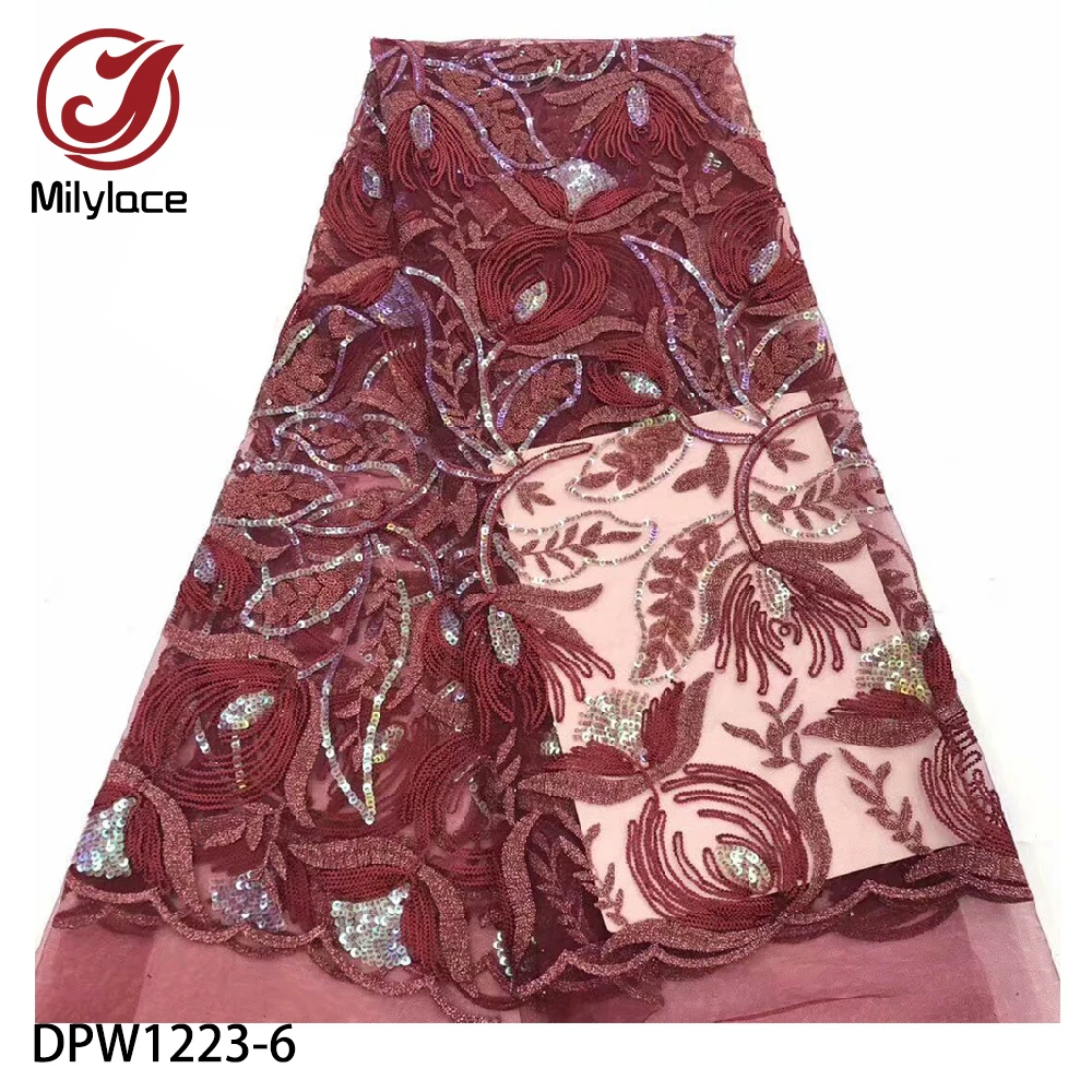 

African Sequence Lace Fabrics High Quality Embroidery Tulle Lace Fabric with Color Sequin 5 Yards for Wedding Party DPW1223