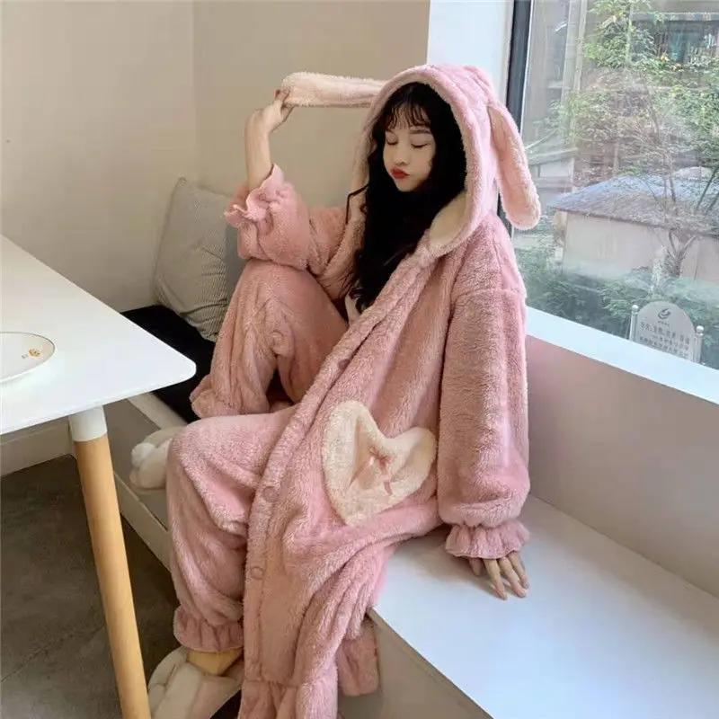 

Новинка Осень-зима плюс бархатная Толстая ночная рубашка с длинными рукавами для девушек корейский милый банный халат с капюшоном с кролич...