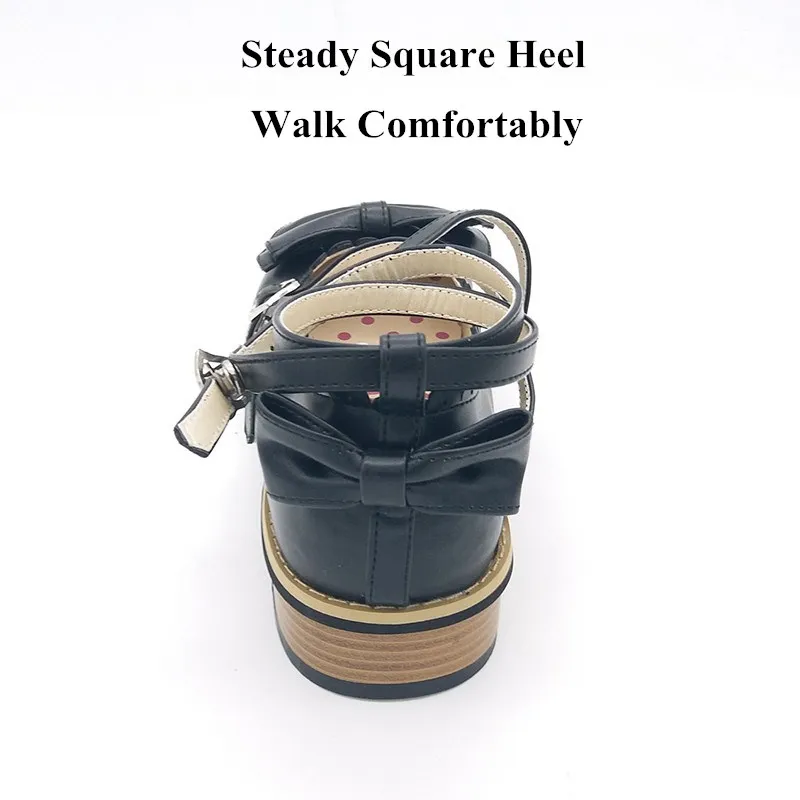 Lovely Women Round Toe Lolita Pumps Japanese Ankle Strap Low Heels Leather Pumps Sweet Bowtie Princess Party Shoes Plus Size 42
