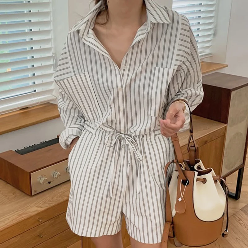 

QWEEK Cotton Loungewear Women Striped Onesies Pajamas Korean Pyjamas Spring Summer 2021 Pijamas Long Sleeve Sleepwear Nightie