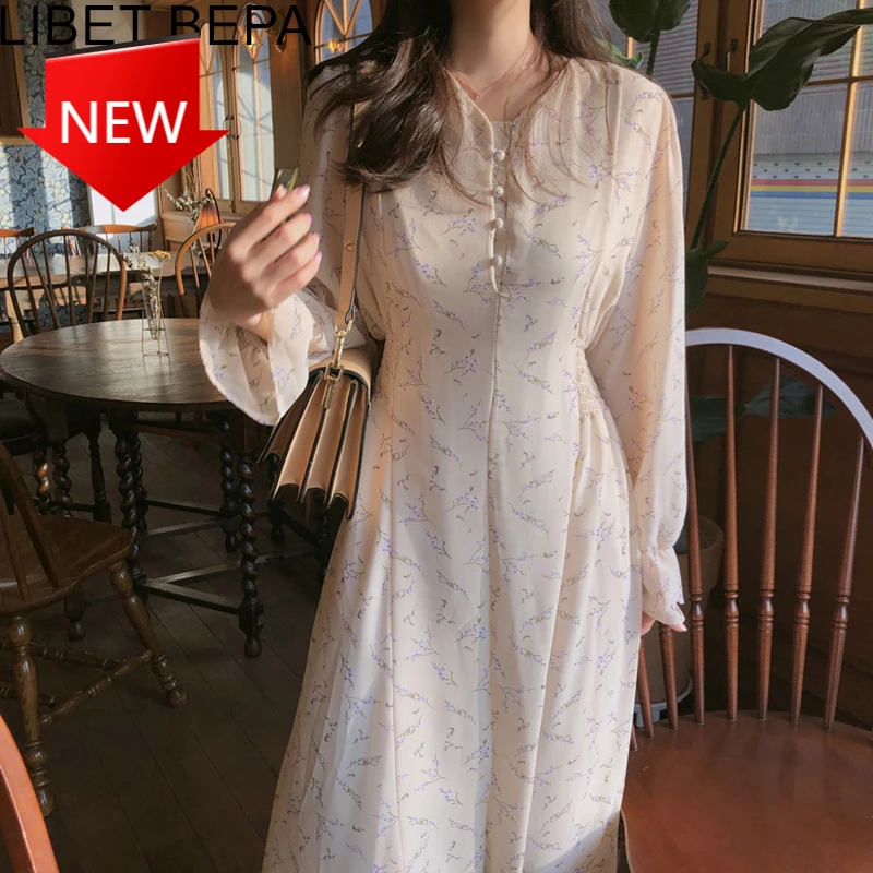 

Женское шифоновое платье с цветочным принтом, элегантное шифоновое платье с V-образным вырезом, высокой талией и рукавами-фонариками, весна-...