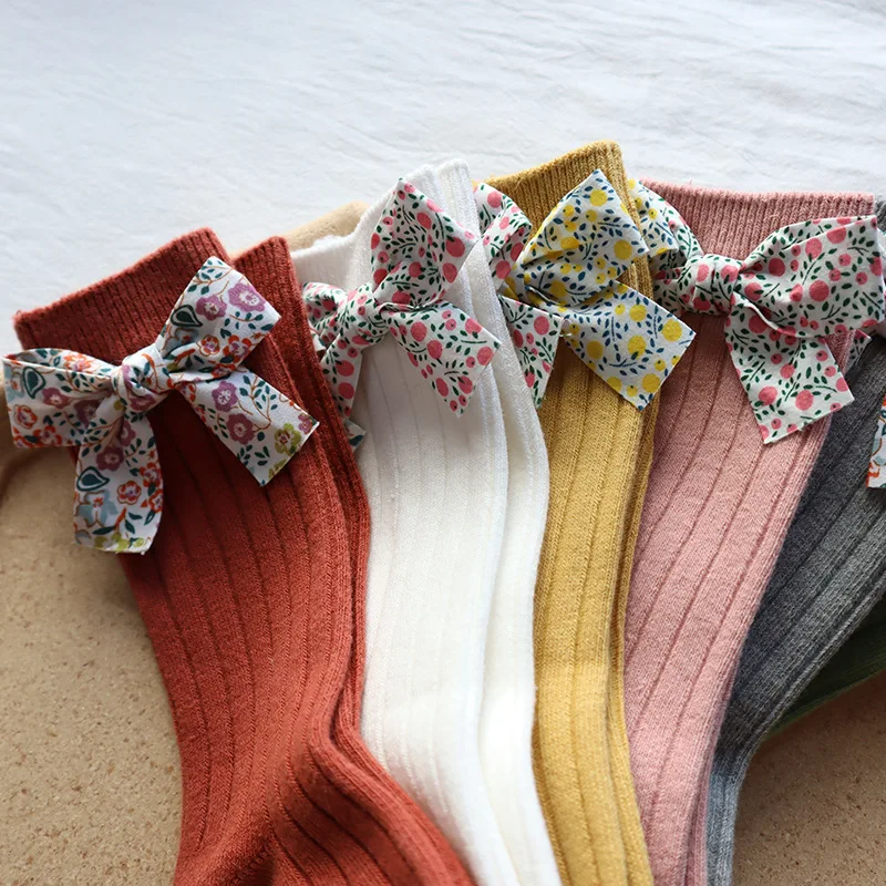 Calcetines largos hasta la rodilla de algod&oacute;n suave para ni&ntilde;as peque&ntilde;as, medias con lazos de flores, estilo princesa, de 0 a 5 a&ntilde;os-3
