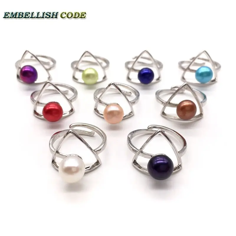 8mm New Adjustable Size Resize Round Pearl Ring Triangle Shape White Black Sky Blue Red Peach Brown Purple Yellow Optional Gift