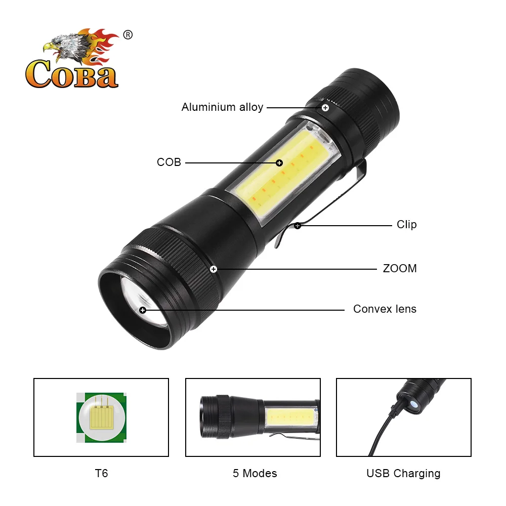 COBA светодиодный портативный светильник масштабируемый 5 режимов 2300LM T6 фонарь