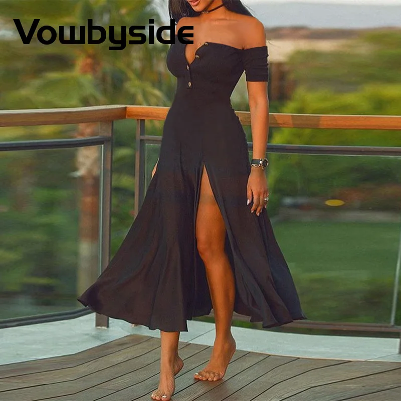 

Off Shoulder Short Sleeve Plain High Slit Maxi Dress