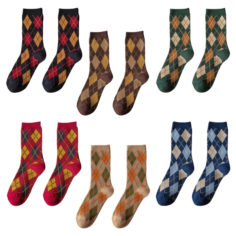 

Women Ethnic Argyle Plaid Print Crew Socks Vintage College Preppy Style Hosiery