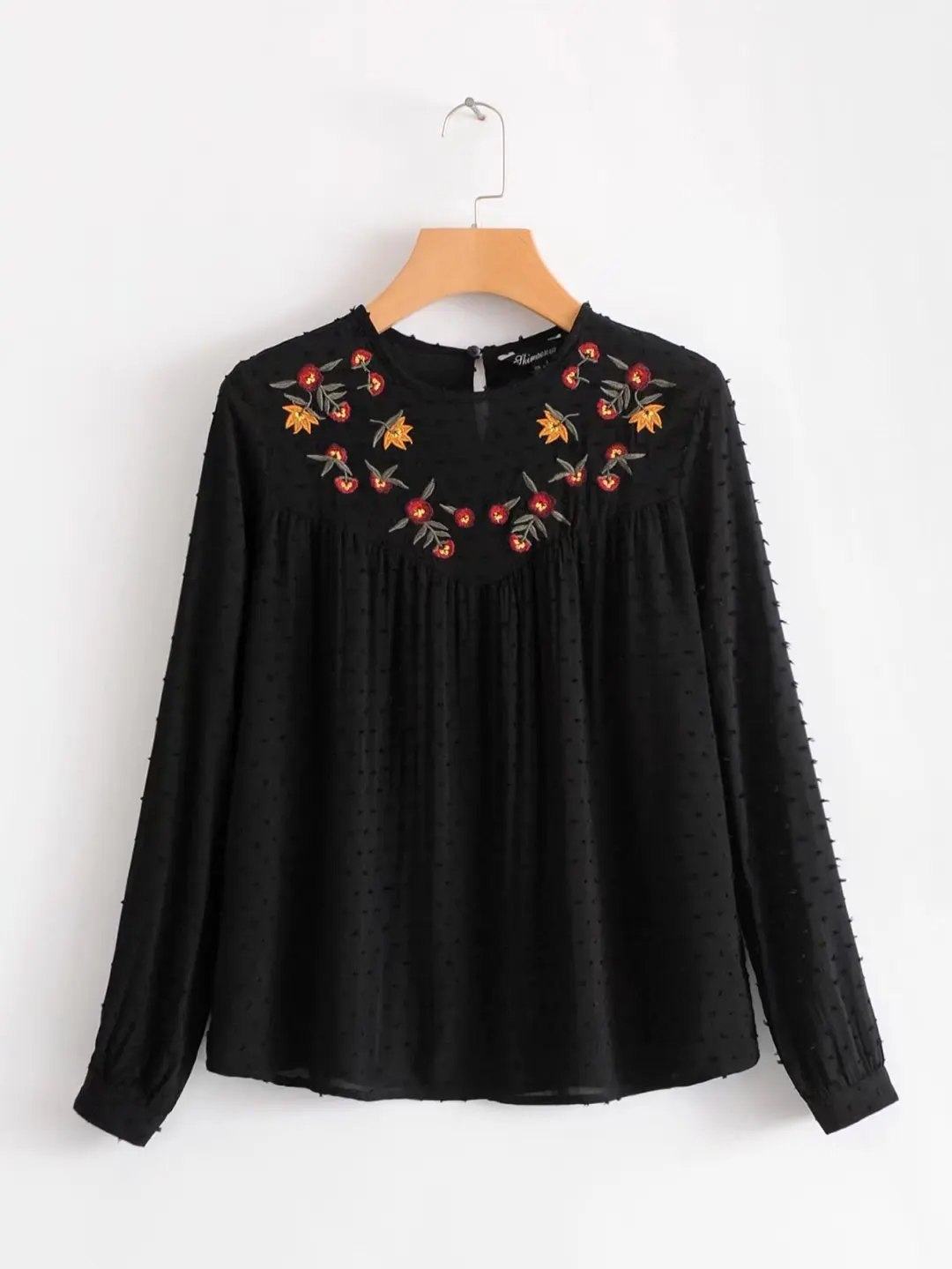 Женские милые рубашки с цветочной вышивкой и круглым вырезом винтажная черная