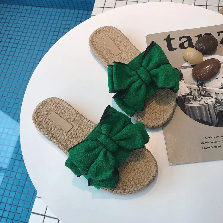 

Fashion Casual Slippers Outdoor Low Butterfly-knot Flat Slides Solid Summer Anti-slip Open Toe Shoes