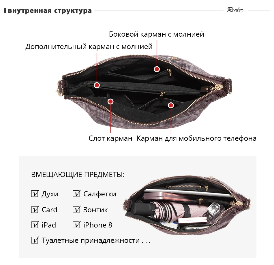 REALER женская сумка на ремне, сумка через плечо, сумки на плечо с серпантином, сумки-мессенджеры для дам высокое качество