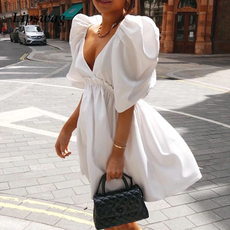 

Female Casual Deep V-Neck Mini Dress Sexy Half Puff Sleeve Solid White Dress Summer Spring Ladies A Line Party Vestidos Clothes
