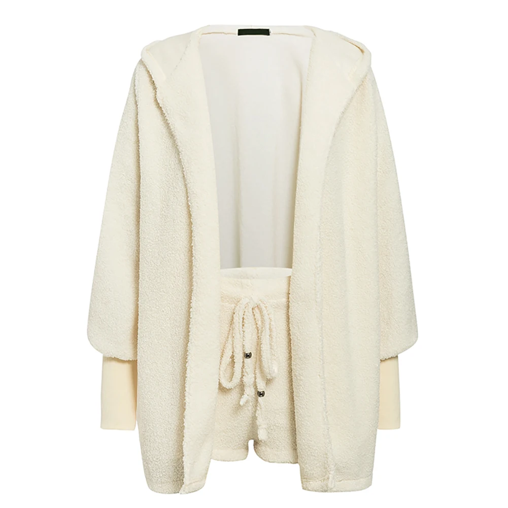 

Fluffy Plush Warm Hood Cardigan Coat Shorts Crop Top Women Tracksuit Outfit