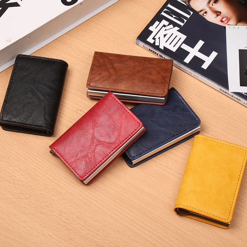 

2020 Credit Card Holder Men And Women Metal RFID Vintage Aluminium Box Crazy Horse PU Leather Fashion Card Wallet