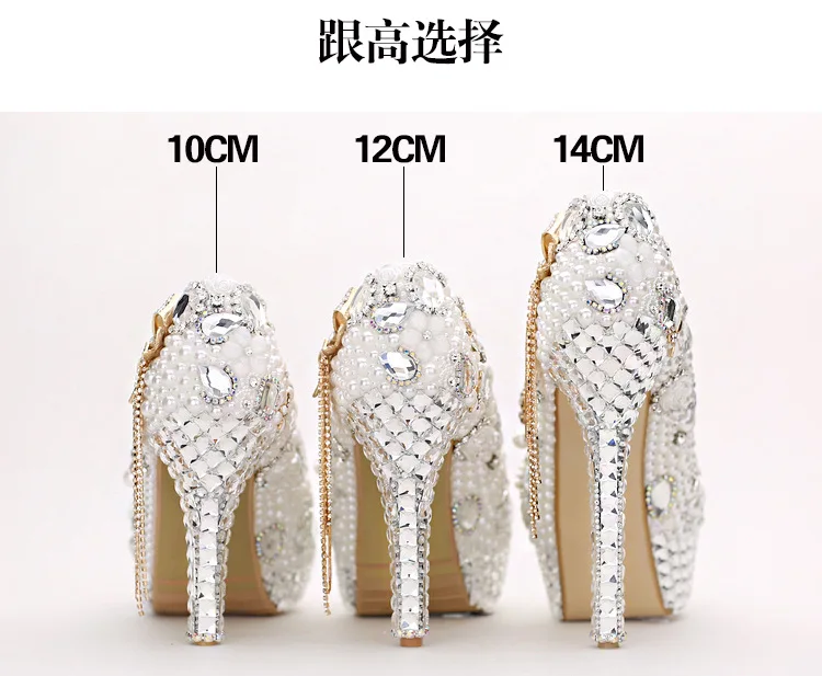 

Luxury bow diamond ultra high heels women's shoes pearl wedding shoes crystal tassel bridal shoes waterproof platform single