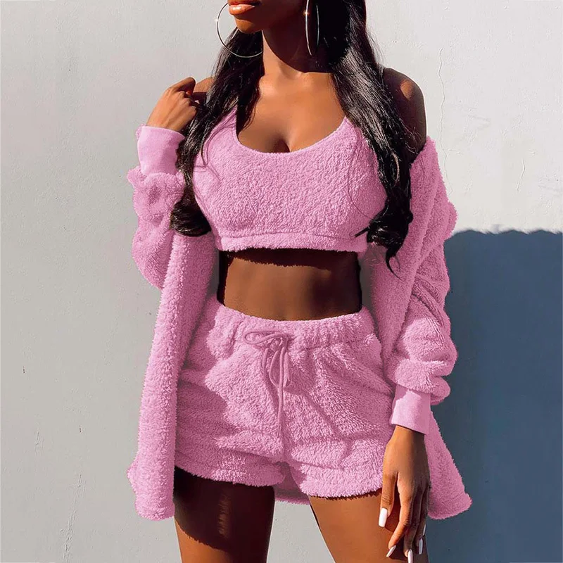 3Pcs Sets Women Winter Outfits Plush Warm Sexy Long Sleeve Pyjamas Sports Sweatshirt Homewear Crop Top Vest Shorts Set Tracksuit |