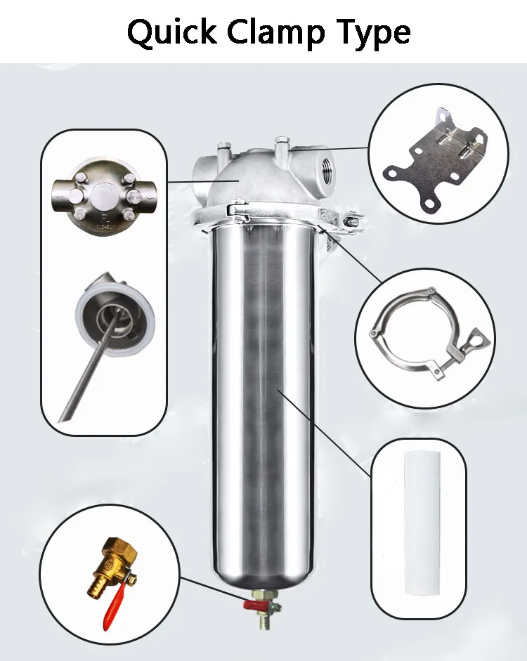 

DN15/DN20/DN25 Front Filter SS304 Water Tap Pipe Central Water Purifier Pre-filter Screw Thread/Quick Clamp with Drain Outlet