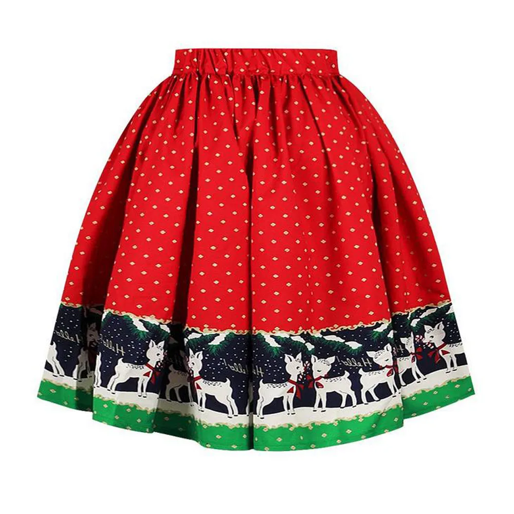 Vintage Flared A-Line Skirt Women Elastic High Waist Christmas Print Pleated Midi XMAS Retro Party Swing Skirts Womens | Женская одежда