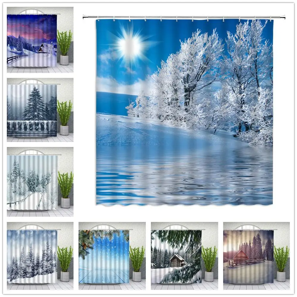 

Landscape Shower Curtains Winter Snowflake Houses Tree Ice Lake Surface Snow Scene Bathroom Decor Waterproof Cloth Curtain Set