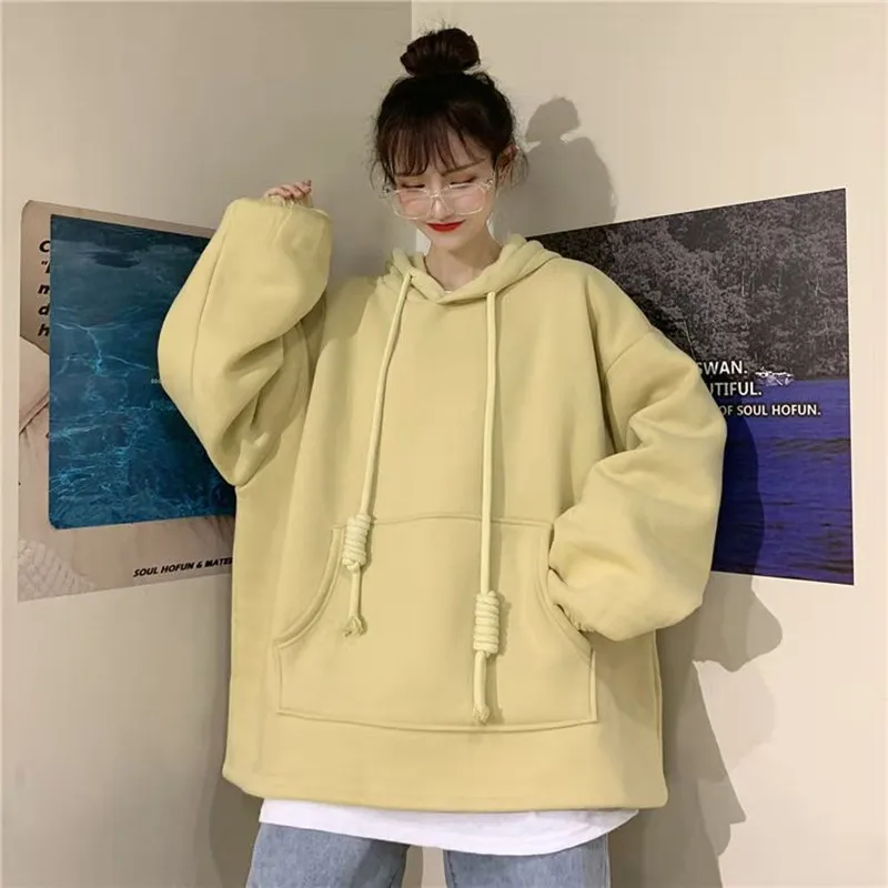 

Spring autumn jacket solid color hooded sweater female student Korean version loose plus velvet thick long-sleeved top