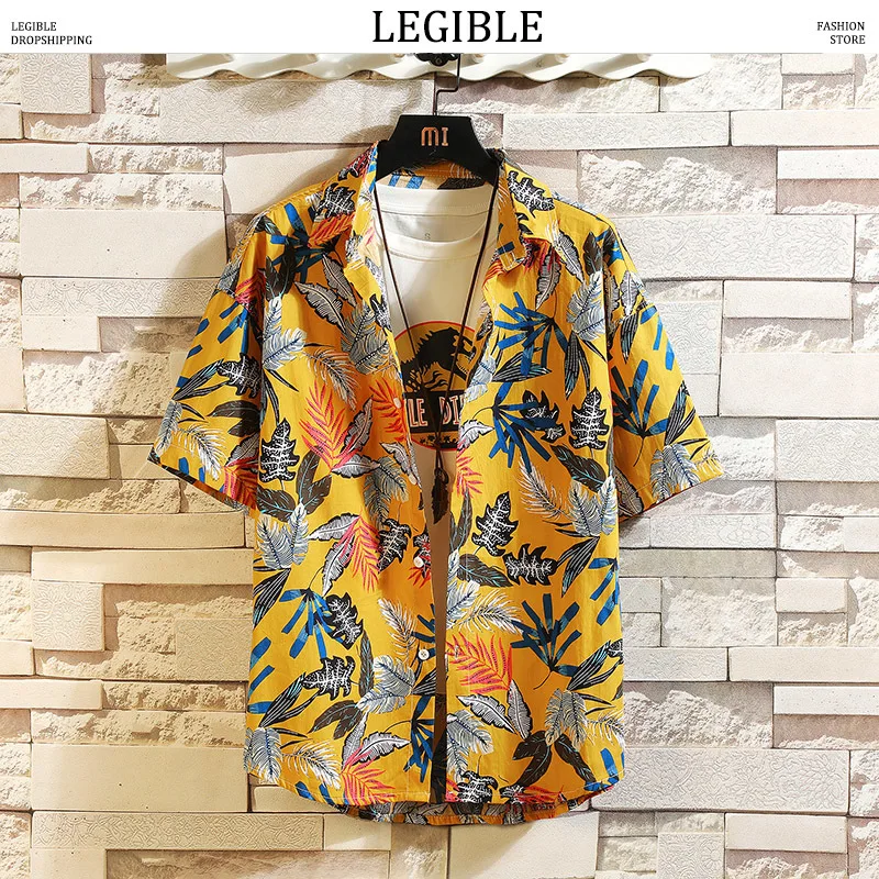 Мужская рубашка с цветочным принтом корейская модная коротким рукавом Гавайские