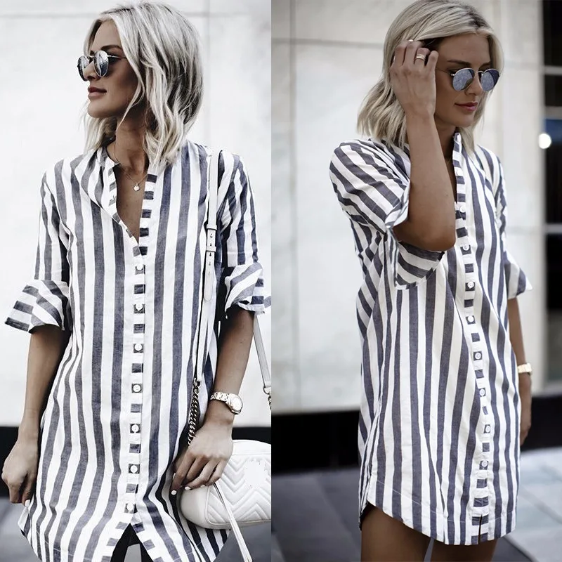 

ZOGAA 2020 New Blouse Striped Mid-length Sleeves Casual Fashion Street Mature Ladies Shirt Loose Short Slim Retro Clothes