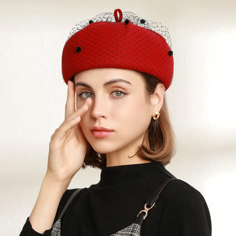 

X4028 Adult Wool Felt Hat Beret Lace Veil Caps Winter Vogue Beret Hat Knitted Cashmere Wool Cap Women Veil Knitting Caps