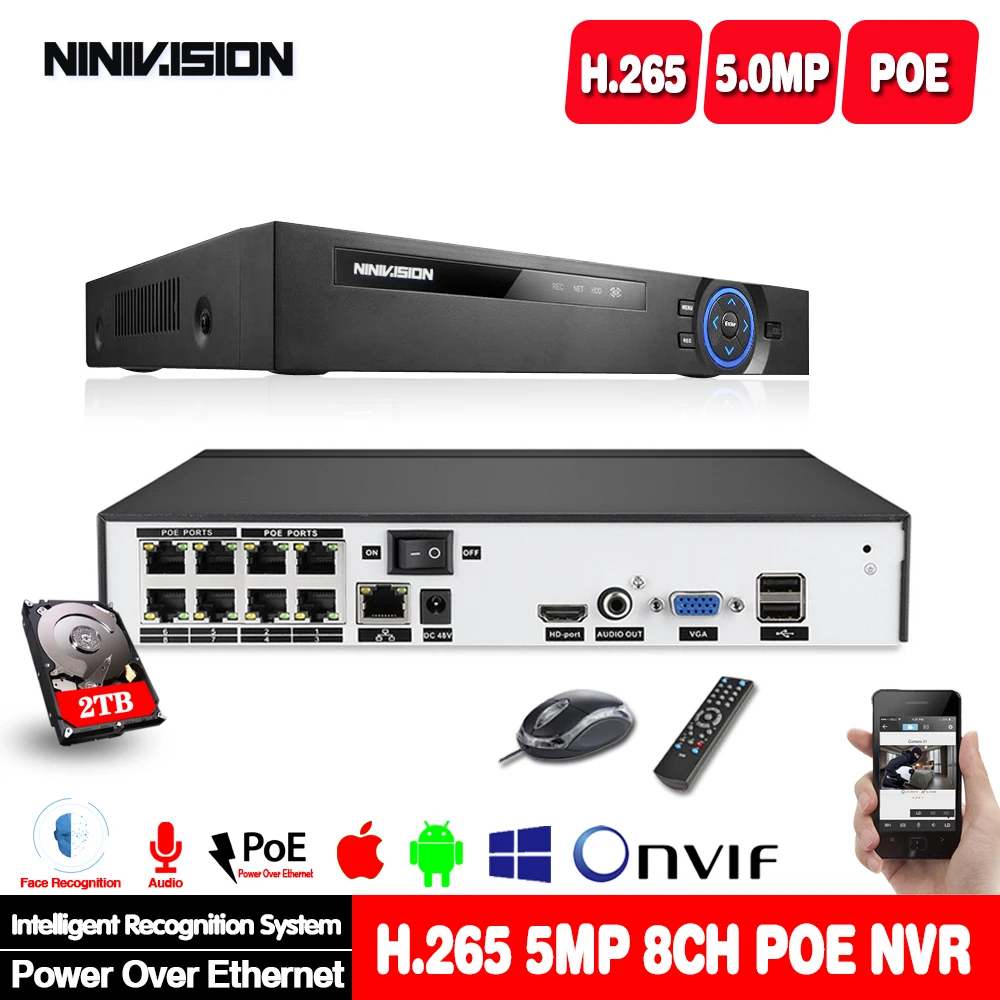 IP-камера видеонаблюдения H.265 H.264 4/8 каналов POE NVR P2P ONVIF 2 МП/5 МП сетевой