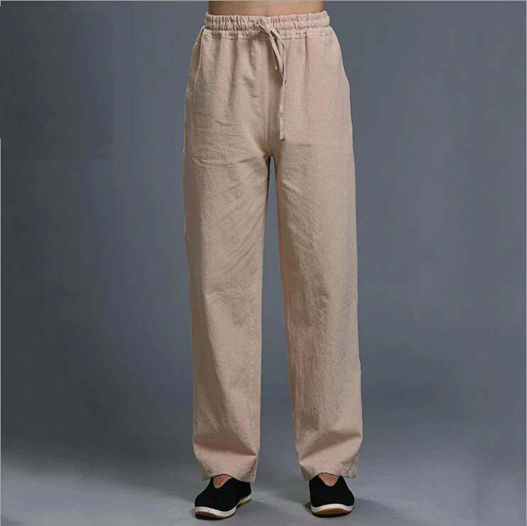 

2018 Spring National Men's Cotton Linen Trousers Elastic Waist Loose Trousers Solid Color Straight Long Pants