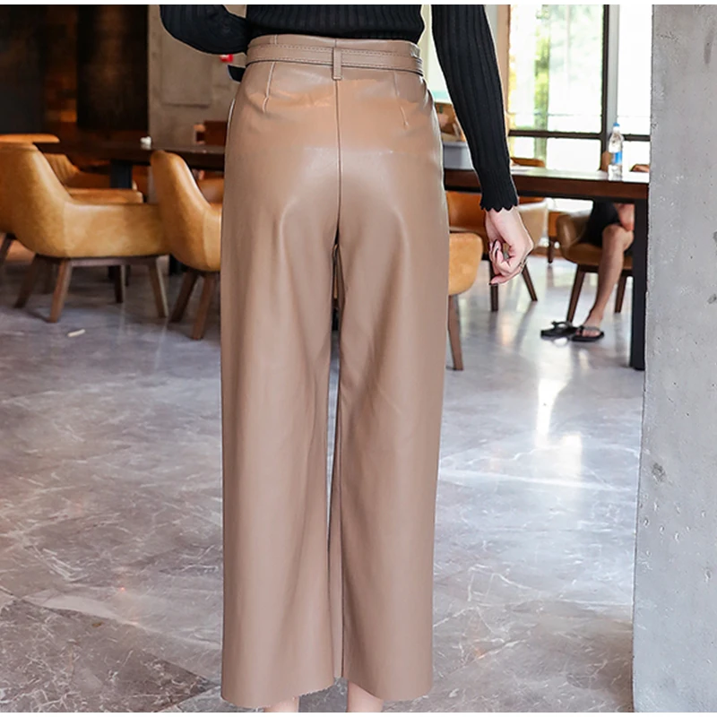 Autumn Faux PU Leather Pants Women With Belt High Waisted Wide Leg Anke-length Women's Trousers Winter NEW Fashion Clothes