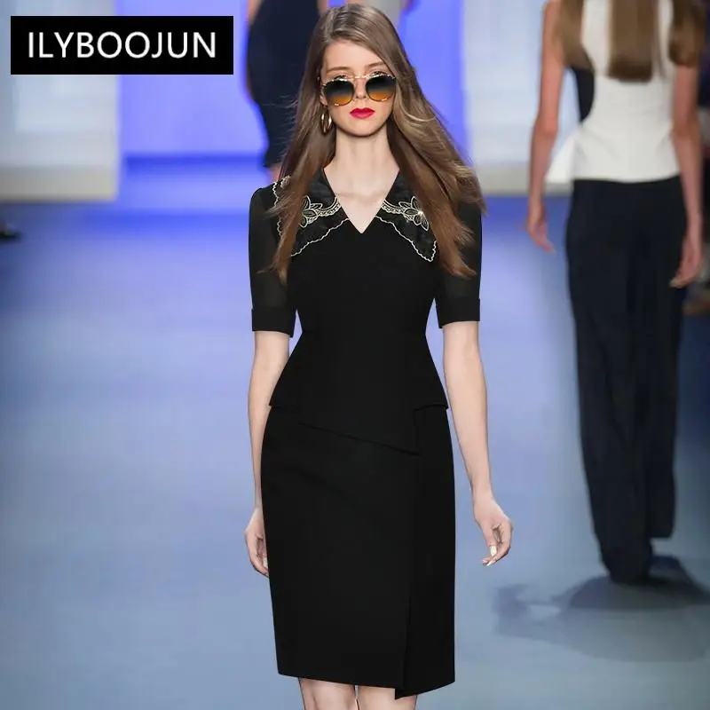 

Women's Clothing Designer Summer Black Mini Dress Women's Turn-down Collar Embroidered High Waist Slim Short Pencil Dress