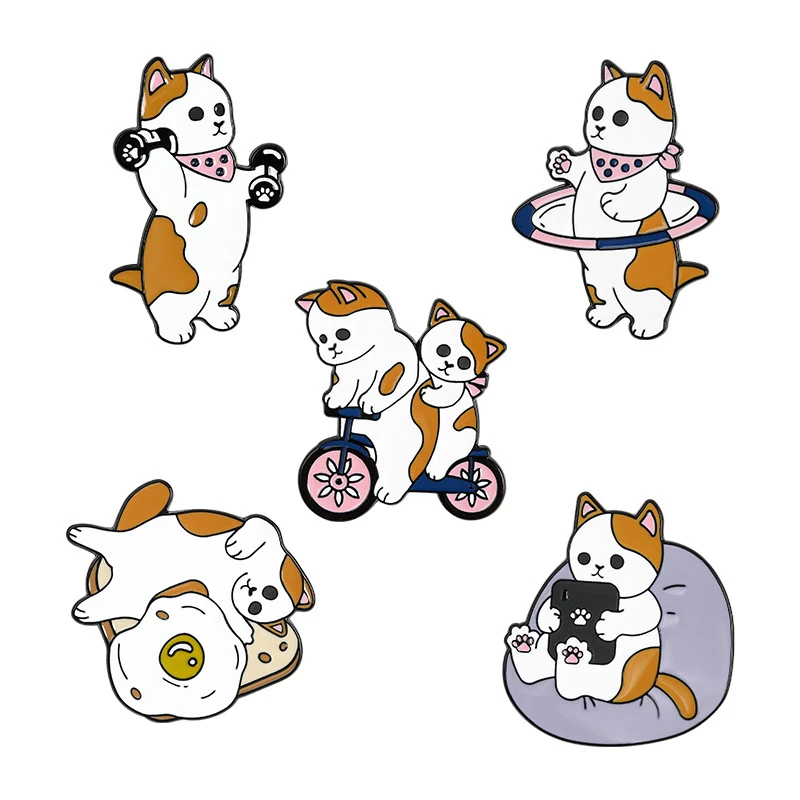 

Funny Cats Enamel Pin Custom Cat Egg Bike Dumbbells Sports Brooches Bag Lapel Pin Cartoon Badge Jewelry For Kids Friends