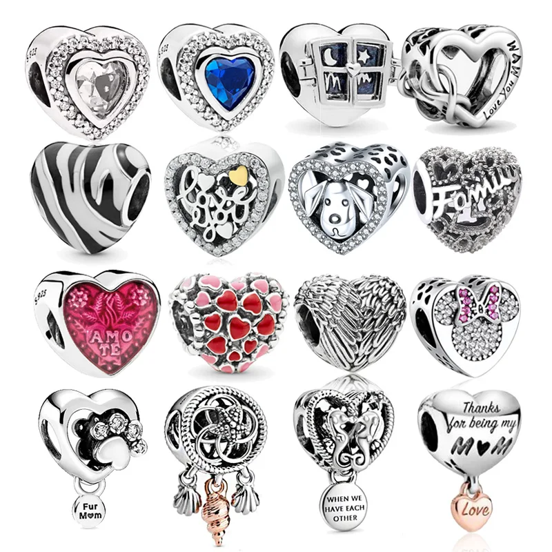 

100% реальные серебряные бусины coдемонстрации 925 в форме сердца, подходят для оригинального браслета 3 мм, бусины с подвесками в виде сердца, д...