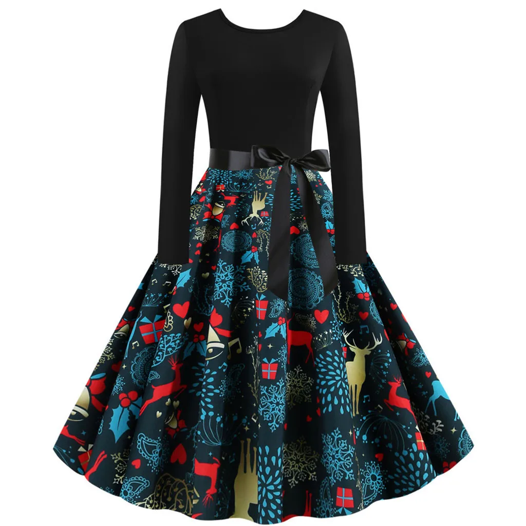 Рождественское платье для женщин в винтажном стиле С принтом лося Длинные рукава