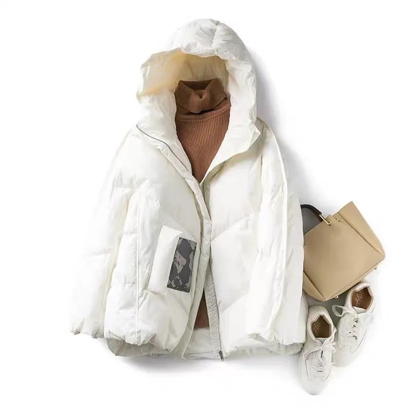 

Новинка Зима 2020, Короткая свободная куртка с капюшоном из 90% белого утиного пуха, Женская Толстая куртка